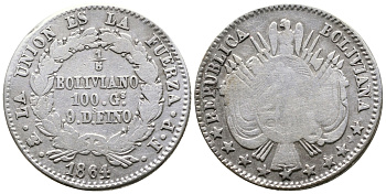 Боливия 1/5 боливиано 1864 FP KM 151.2 серебро 4178-1036