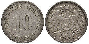 Германия 10 пфеннигов 1901 D KM 12, Jager 13, Weege 8 медно-никель 219-337