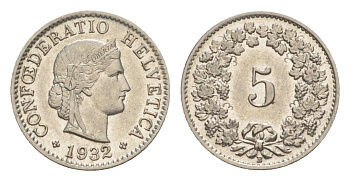 Швейцария 5 раппенов 1932 B KM 26 медно-никель aUNC 4630-1169