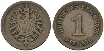 Германия 1 пфенниг 1875 H, Вильгельм I (1871-1888) KM 1, J. 1 медь 1524-513