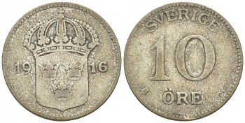 Швеция 10 эре 1916 W, Густав V (1907-1950) KM 780 серебро 3309-837