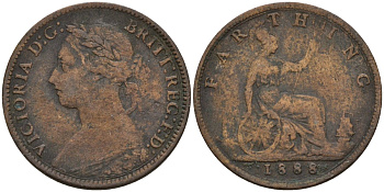 Великобритания 1 фартинг 1888 Виктория (1837-1901) KM 753, Spink 3958 бронза 4596-933
