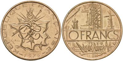 Франция 10 франков 1976 тип Матье KM 940, Le Franc 365.7-8 никель латунь  4601-923