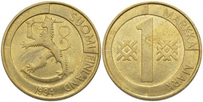 ФИНЛЯНДИЯ 1 МАРКА 1994 M KM 76 алюминиевая бронза 4448-346