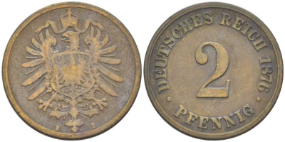 ГЕРМАНИЯ 2 ПФЕННИГА 1876 B, СТАРОГЕРБОВКА KM 2, J. 2, Weege 3 медь 212-631