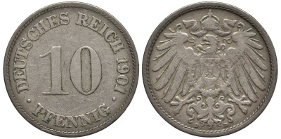 Германия 10 пфеннигов 1901 D KM 12, Jager 13, Weege 8 медно-никель 219-337