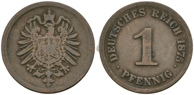 Германия 1 пфенниг 1875 H, Вильгельм I (1871-1888) KM 1, J. 1 медь 1524-513