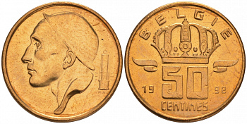 Бельгия 50 сантимов 1992 BELGIE, Бодуэн I (1951-1993), из ролла KM 149.1 бронза UNC M39-21