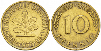 ФРГ 10 ПФЕННИГОВ 1973 F KM 108, J. 383 сталь плакированная латунью 4544-1122