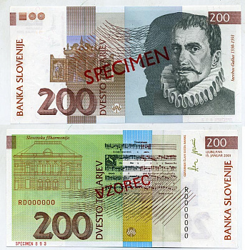 Словения 200 толаров 2001 Якоб Галлус, словенская филармония, Любляна, SPECIMEN, пробник Pick 15 s бумага UNC (пресс) 451-368-3