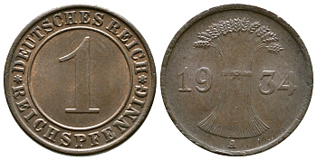 ГЕРМАНИЯ 1 РЕЙХСПФЕННИГ 1934 A KM 37, J. 313 бронза 4380-1262