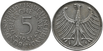 ФРГ 5 марок 1951 J (Гамбург), J. 387, KM 112.1 серебро 1526-112