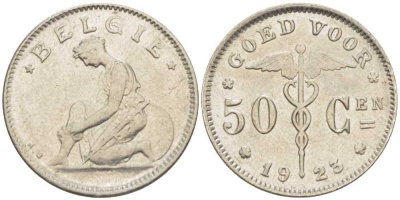 БЕЛЬГИЯ 50 САНТИМОВ 1923 BELGIE, АЛЬБЕРТ I (1909-1934) KM 88 никель 206-129