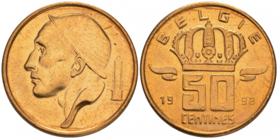 Бельгия 50 сантимов 1992 BELGIE, Бодуэн I (1951-1993), из ролла KM 149.1 бронза UNC M39-21