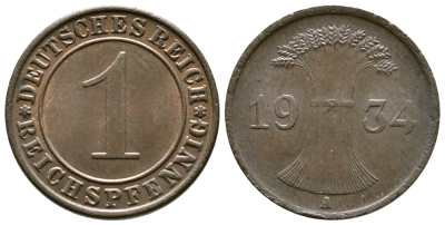 ГЕРМАНИЯ 1 РЕЙХСПФЕННИГ 1934 A KM 37, J. 313 бронза 4380-1262