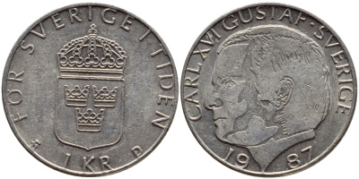 Швеция 1 крона 1987 Карл XVI Густав (1973- ) KM 852a медно-никель 4397-1214