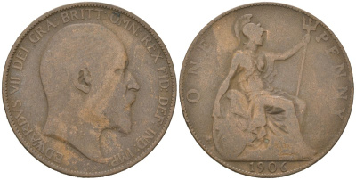 Великобритания 1 пенни 1906 Эдуард VII (1901-1910) KM 794.2, Spink 3990 бронза 3460-1034