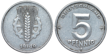 ГДР 5 пфеннигов 1949 A KM 2 алюминий 4119-827