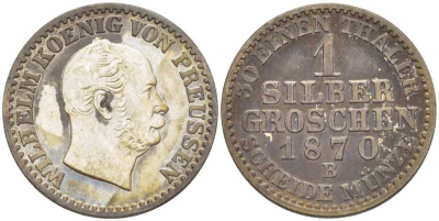 ПРУССИЯ 1 ГРОШ 1870 В, ВИЛЬГЕЛЬМ I (1861-1888) KM 485 серебро 206-261