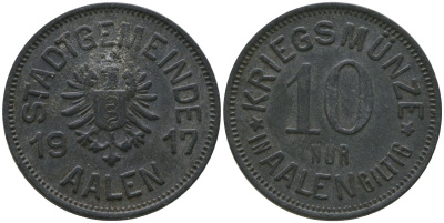 Aален (Вюртемберг) 10 пфеннингов 1917 Funck 2.2, Men05 100.2, Men18 143.2 цинк 4163-855