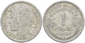 ФРАНЦИЯ 1 ФРАНК 1948 В, ТИП MORLON, LEGERE KM 885a.1, LE FRANC 221.14 алюминий 175-452