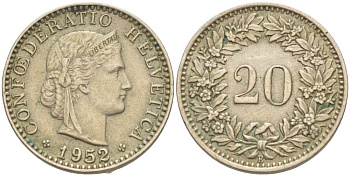ШВЕЙЦАРИЯ 20 РАППЕНОВ 1952 В KM 29а медно-никель 4511-915