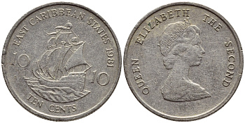 Восточно-Карибские штаты 10 центов 1981 Елизавета II (1952-2022), парусник KM 13 медно-никель 4392-1034