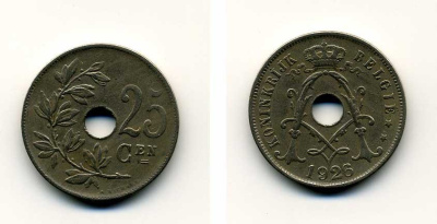 БЕЛЬГИЯ 25 САНТИМОВ 1926 BELGIE KM 69 медно-никель 41-714