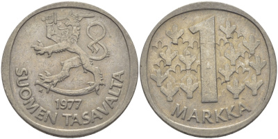 ФИНЛЯНДИЯ 1 МАРКА 1977 К KM 49а медно-никель 28-151