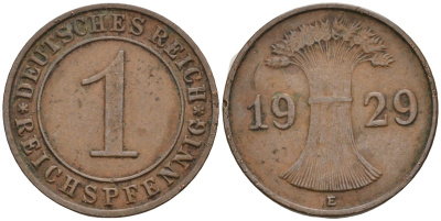 Германия 1 рейхспфенниг 1929 F KM 37, J. 313 бронза 4136-1153