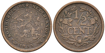 Нидерланды 1/2 цента 1915 Вильгельмина (1890-1948) KM 138 бронза 4576-361