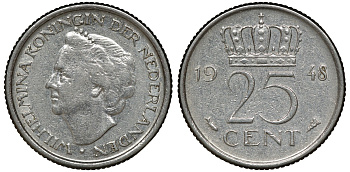 НИДЕРЛАНДЫ 25 ЦЕНТОВ 1948 ВИЛЬГЕЛЬМИНА KM 178 никель 72-1717