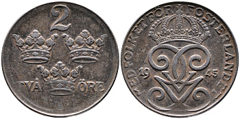 Швеция 2 эре 1945 Густав V (1907-1950) KM 811 железо 4388-1122
