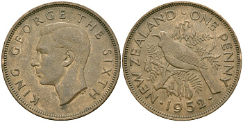 Новая Зеландия 1 пенни 1952 Георг VI (1936-1952), новозеландский туи KM 21 бронза 4120-112