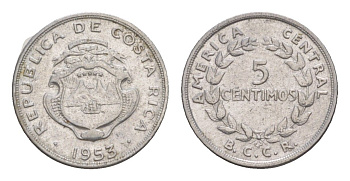 Коста-Рика 5 сентимо 1953 KM 184.1a нержавеющая сталь UNC 4644-318