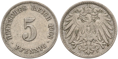 Германия 5 пфеннигов 1903 A KM 11, J. 12 медно-никель 4151-438