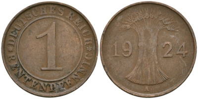 Германия 1 рентенпфенниг 1924 A KM 30, J. 306 бронза 4608-266