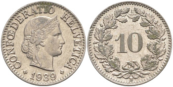 Швейцария 10 раппенов 1939 B KM 27b никель     201-431