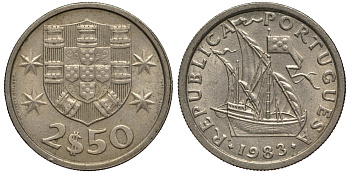 Португалия 2,5 эскудо 1983 парусник KM 590 медно-никель 4390-1217