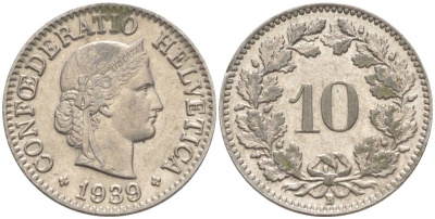 Швейцария 10 раппенов 1939 B KM 27b никель     201-431