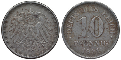 Германия 10 пфеннигов 1921 A KM 20, J. 298 железо 4119-244