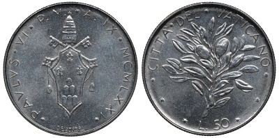 Ватикан 50 лир 1971 папа Павел VI (1963-1978) KM 121 нержавеющая сталь UNC 4579-636