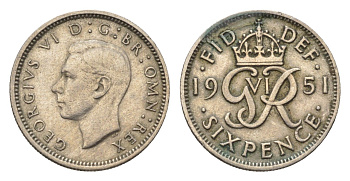 Великобритания 6 пенсов 1951 Георг VI (1936-1952) KM 875, Spink 4110 медно-никель 4696-817