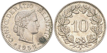 Швейцария 10 раппенов 1958 B KM 27 медно-никель     55-253