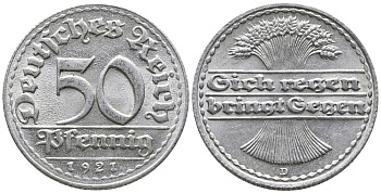 ГЕРМАНИЯ 50 ПФЕННИГОВ 1921 D KM 27, J. 301 алюминий 24-1022