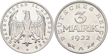 Германия 3 марки 1922 A, третья годовщина Веймарской Конституции KM 29, J.303 алюминий UNC 4587-214