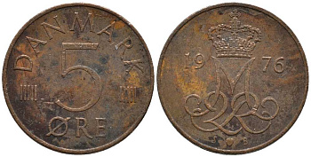 Дания 5 эре 1976 S; B, Маргрете II (1972- ) KM 859.1 железо плакированное медью 116-151