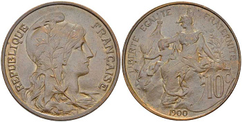 ФРАНЦИЯ 10 САНТИМОВ 1900 ТИП ДАНИЭЛЬ ДЮПЮИ KM 843, LE FRANC 136.9 бронза 180-445