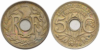 ФРАНЦИЯ 5 САНТИМОВ 1924 ТИП ЛИНДАЙЁ KM 875, LE FRANC 122.8 медно-никель 4379-319