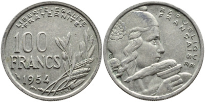 ФРАНЦИЯ 100 ФРАНКОВ 1954 KM 919.1, LE FRANC 450.2 медно-никель 4393-1212